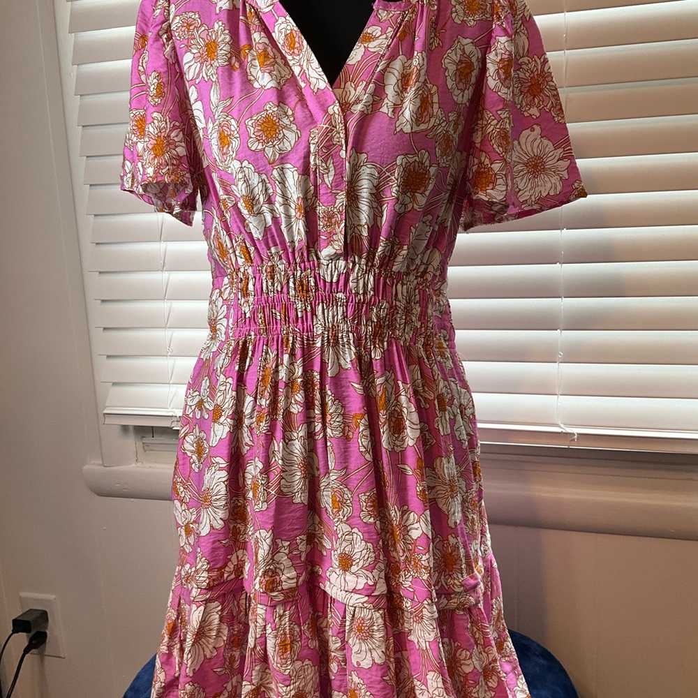 Umgee Pink Floral Shirred-Waist Midi Dress